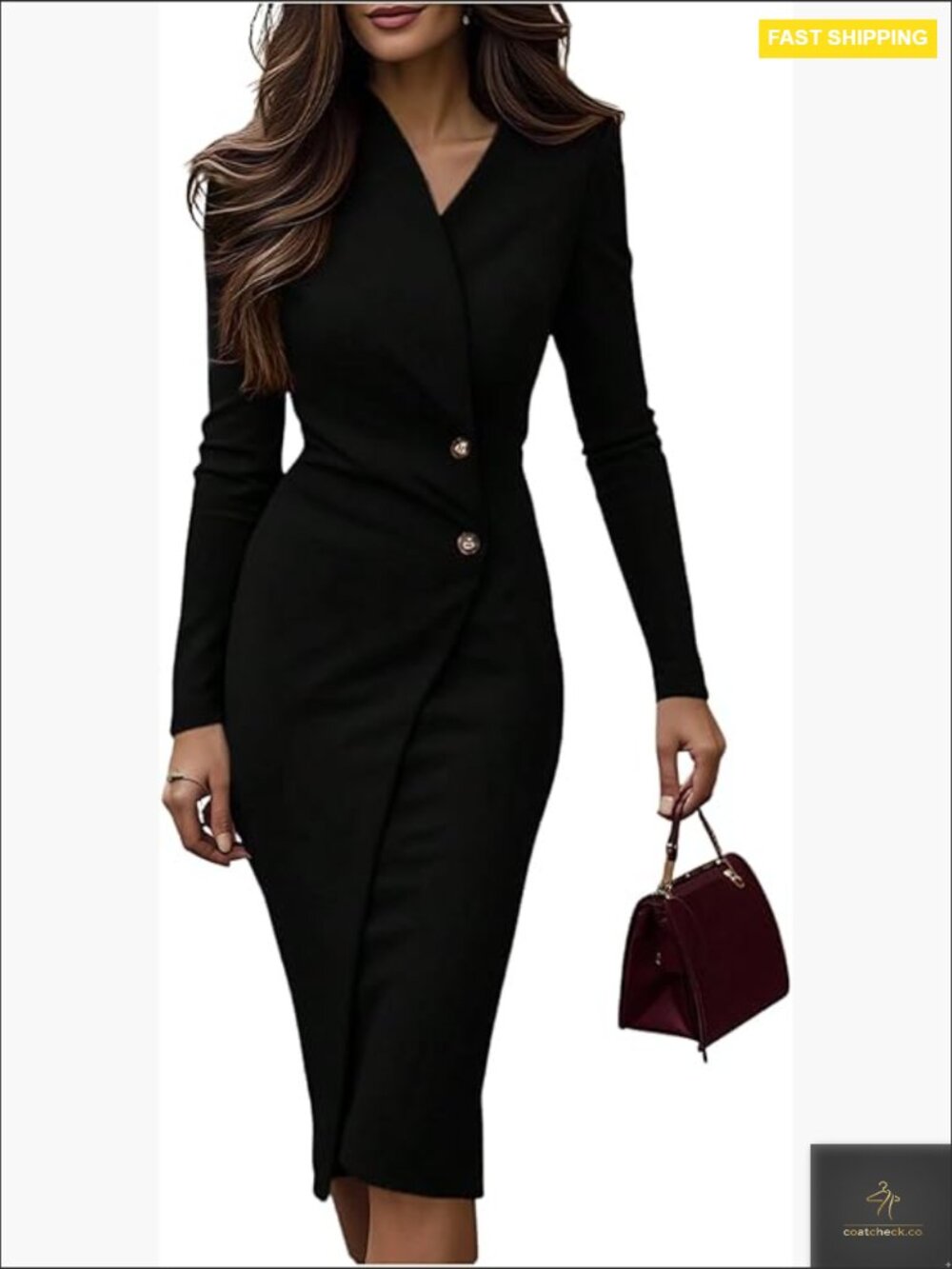 Wrap Fitted Midi Dress Elegant Classy Long Sleeve Bodycon Cocktail Dinner Work